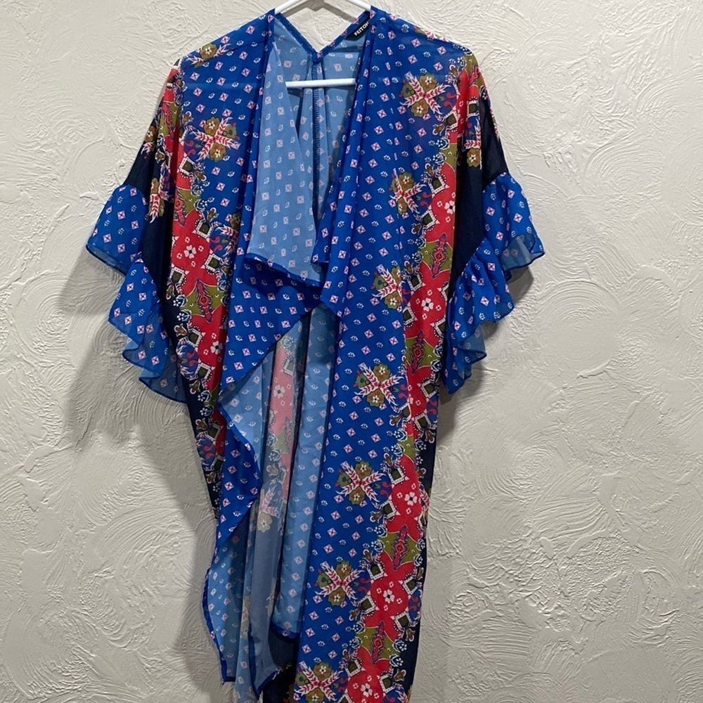 Feintong Blue Geometric Print Chiffon Kimono Beach Coverup